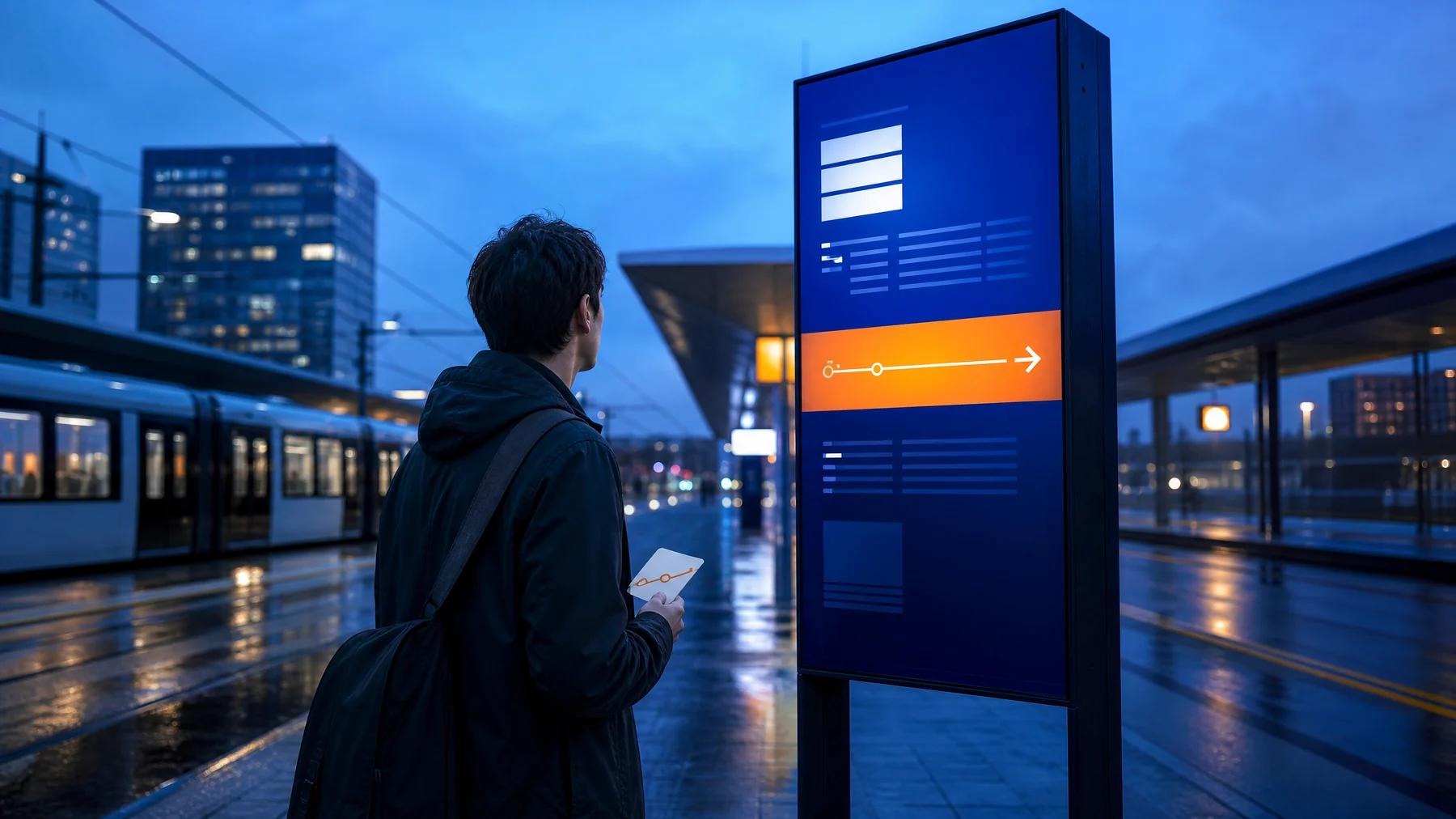 Person beside a blue and orange wayfinding sign at a transit platform at blue hour