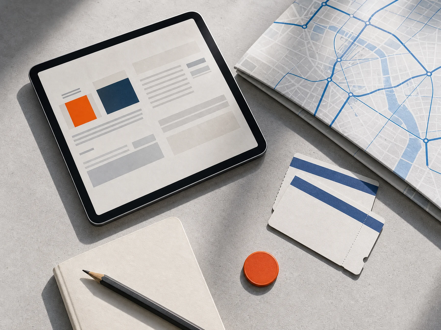 Tablet, route map, transit tickets and notebook on a desk