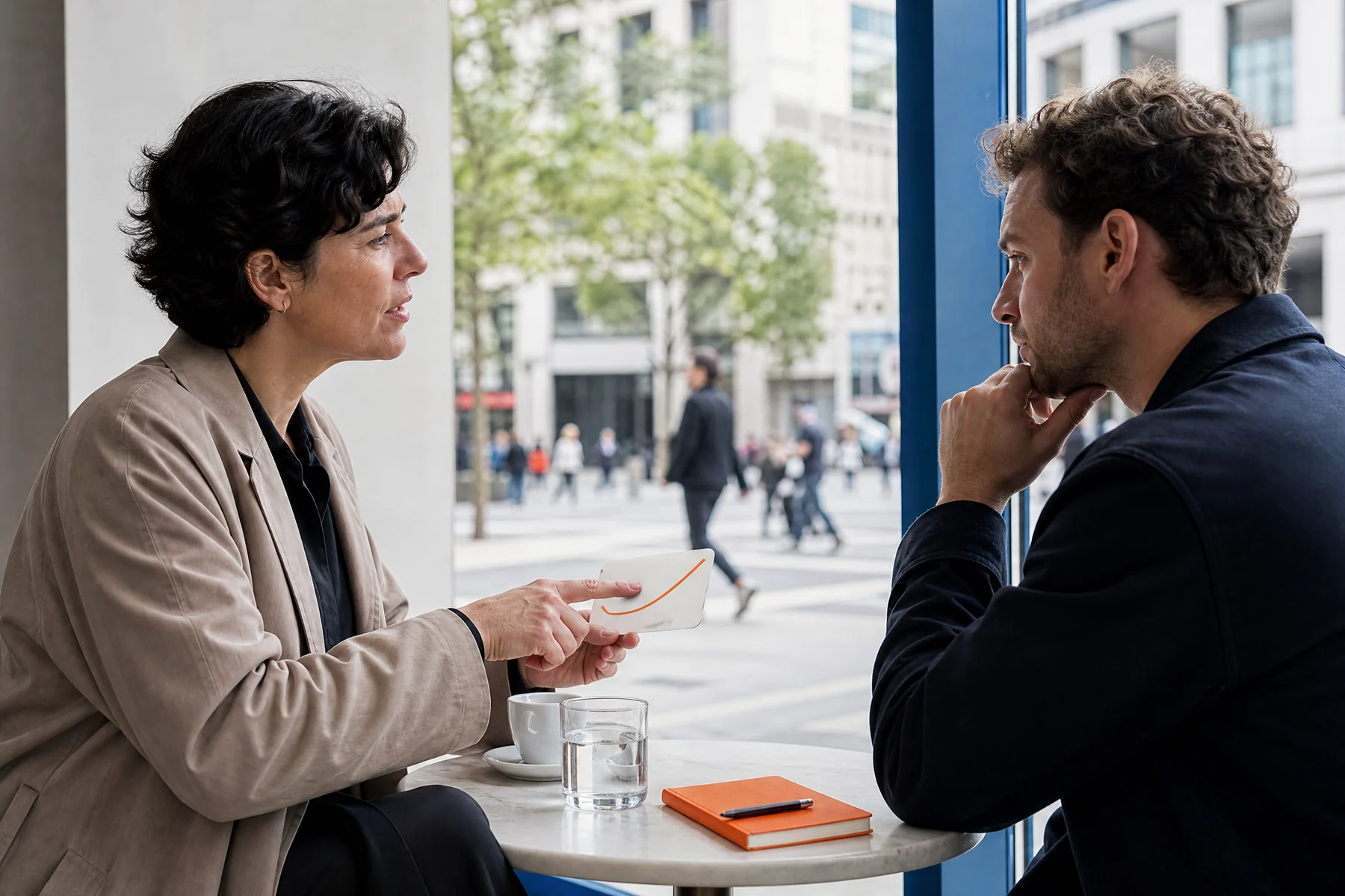 Two professionals having a career observation conversation at a cafe table