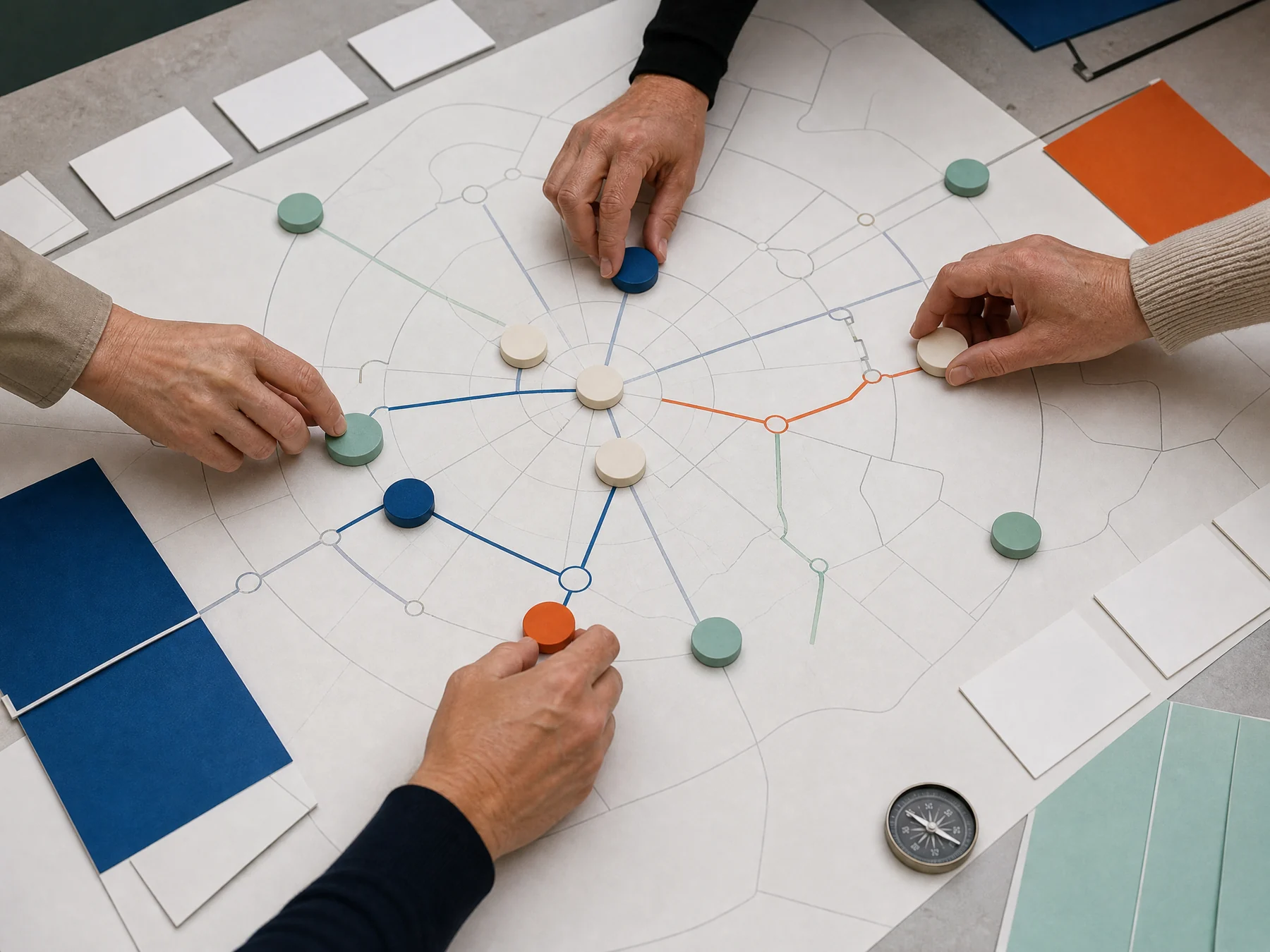 Hands mapping a career route with tokens on a large paper map