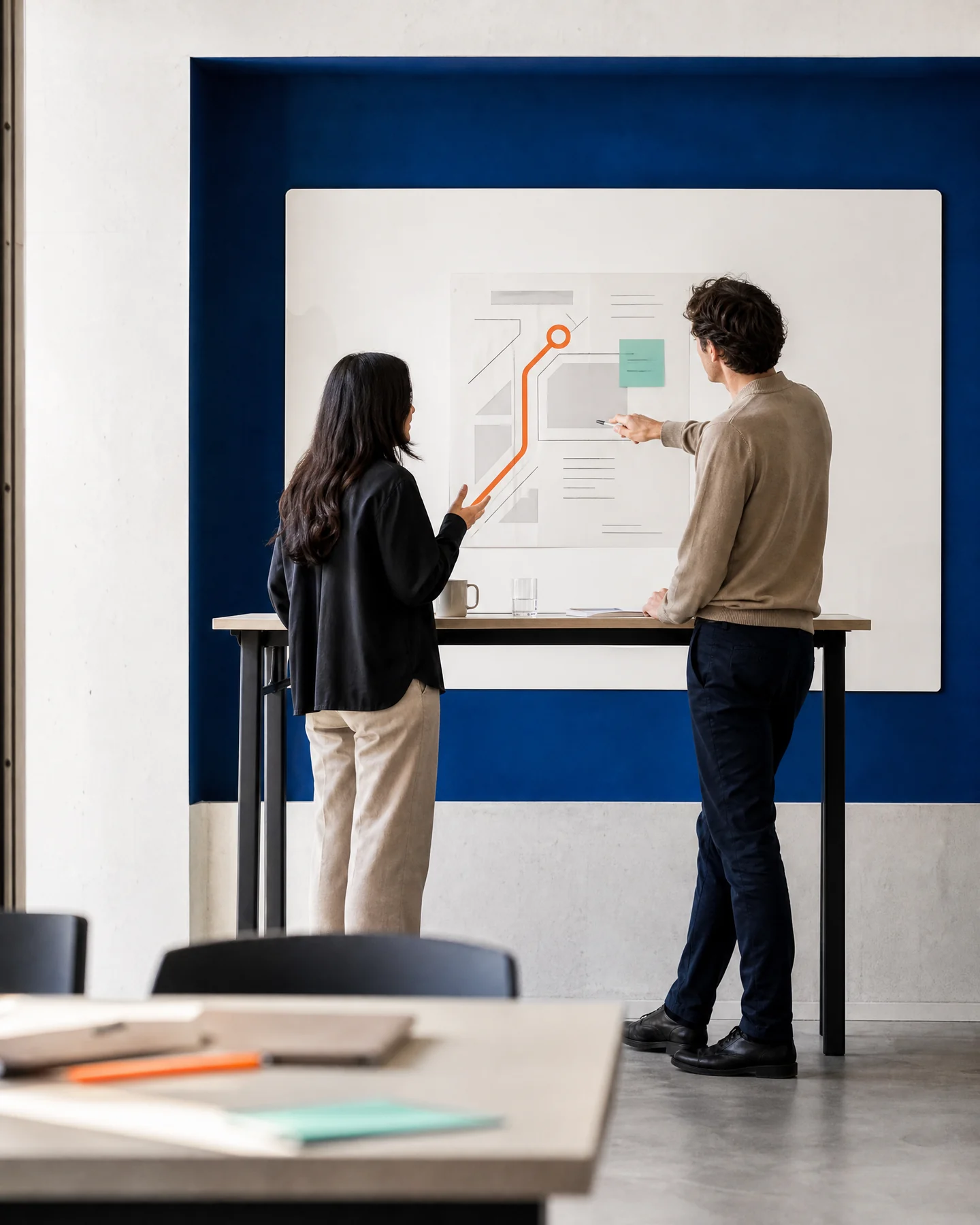 Two people reviewing an abstract next-step route plan