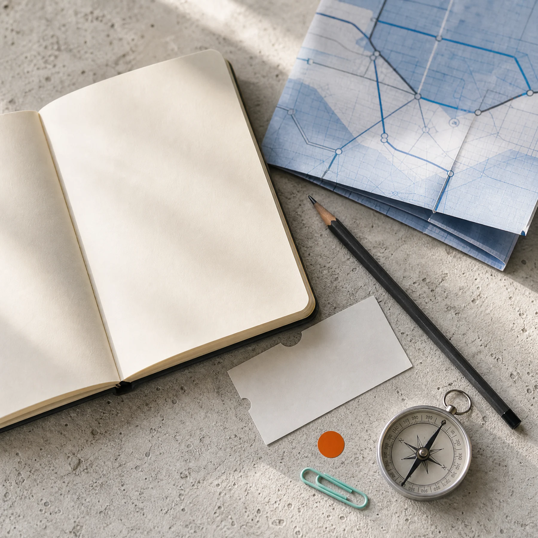 Open field notebook, map, compass and route marker